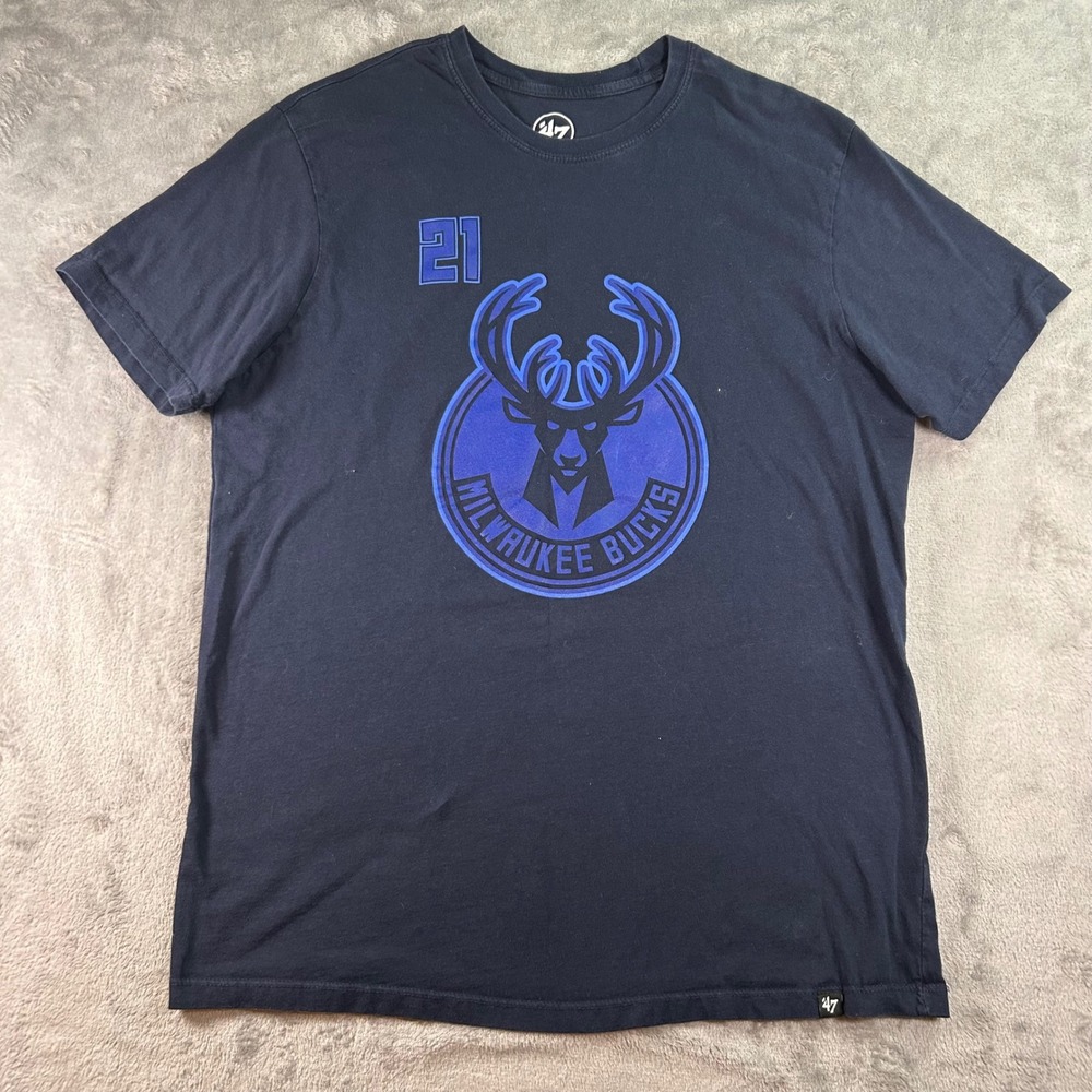47 Brand Milwaukee Bucks Jrue Holiday 21 NBA T-Shirt Navy Blue Mens Large